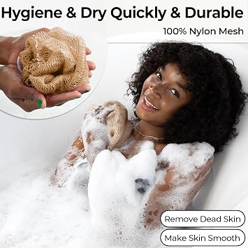 African Net Sponge Authentic - Afro Scrub Exfoliating Net Sponges with Knots - Real African Bath Sponge Washcloth for Shower - Body Exfoliator Scrubber (Champagne, Count, 1.0)