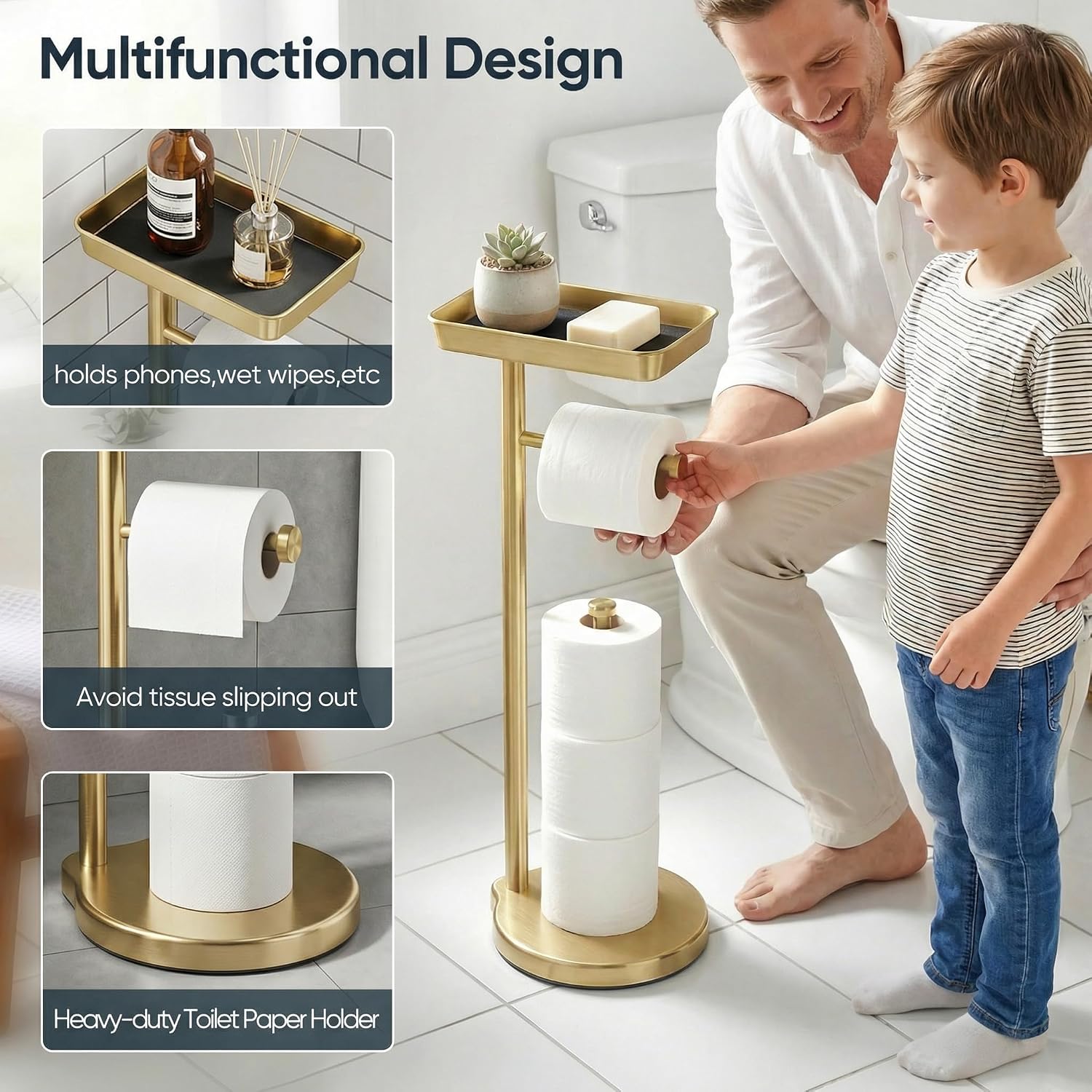 theaoo Toilet Paper Holder Stand with Shelf, Flushable Wipes Dispenser, Free Standing Toilet Tissue Roll Storage Rack Organizer for Bathroom (Gold, Free Standing - with Storage)