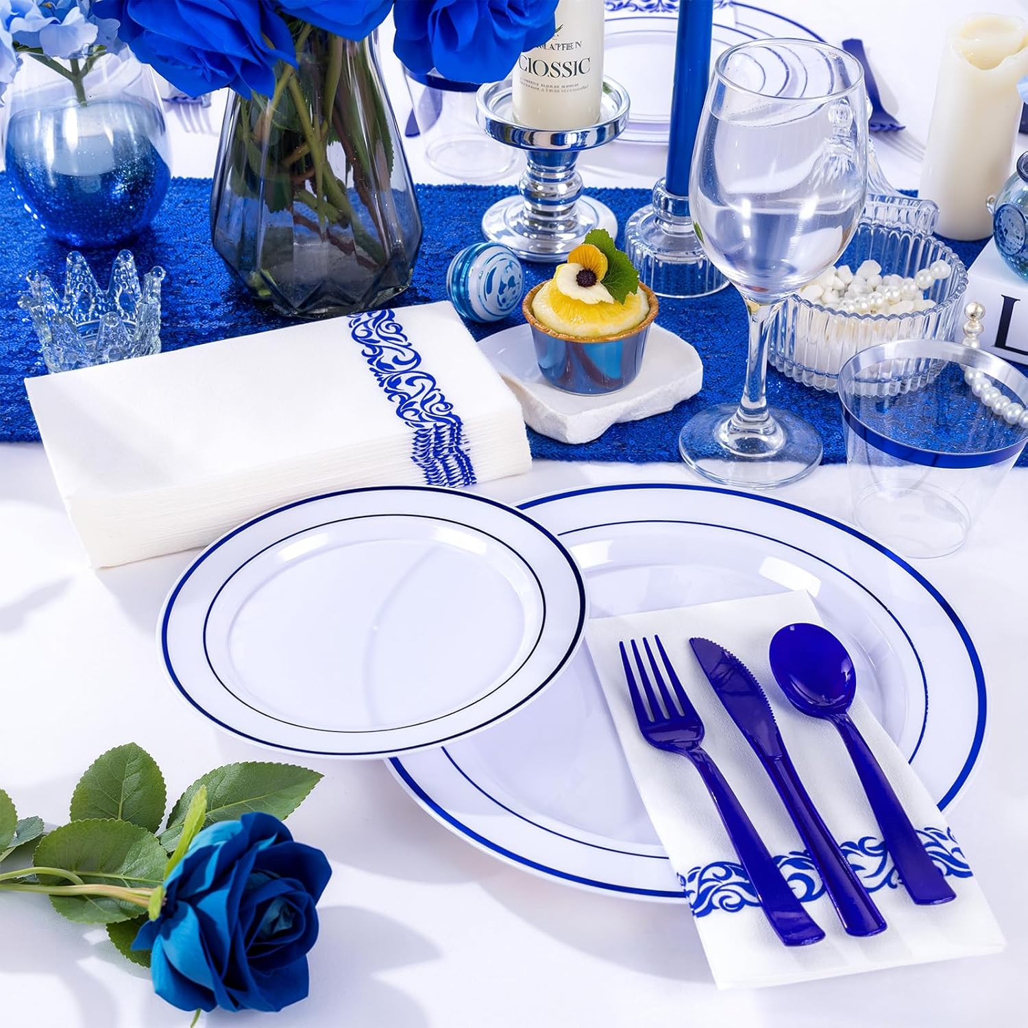 WELLIFE 700 Pcs Blue Plastic Plates for 100 Guests - Plastic Dinnerware Set,Party Supplies Includes 200 Blue Plates,300 Disposable Silverware,100 Napkins,100 Cups