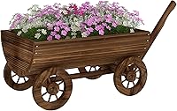 Outsunny Wooden Wagon Planter Box with Wheels - Rustic Mobile Raised Garden Cart for Flowers, Herbs, Patio & Balcony, Drainage Hole