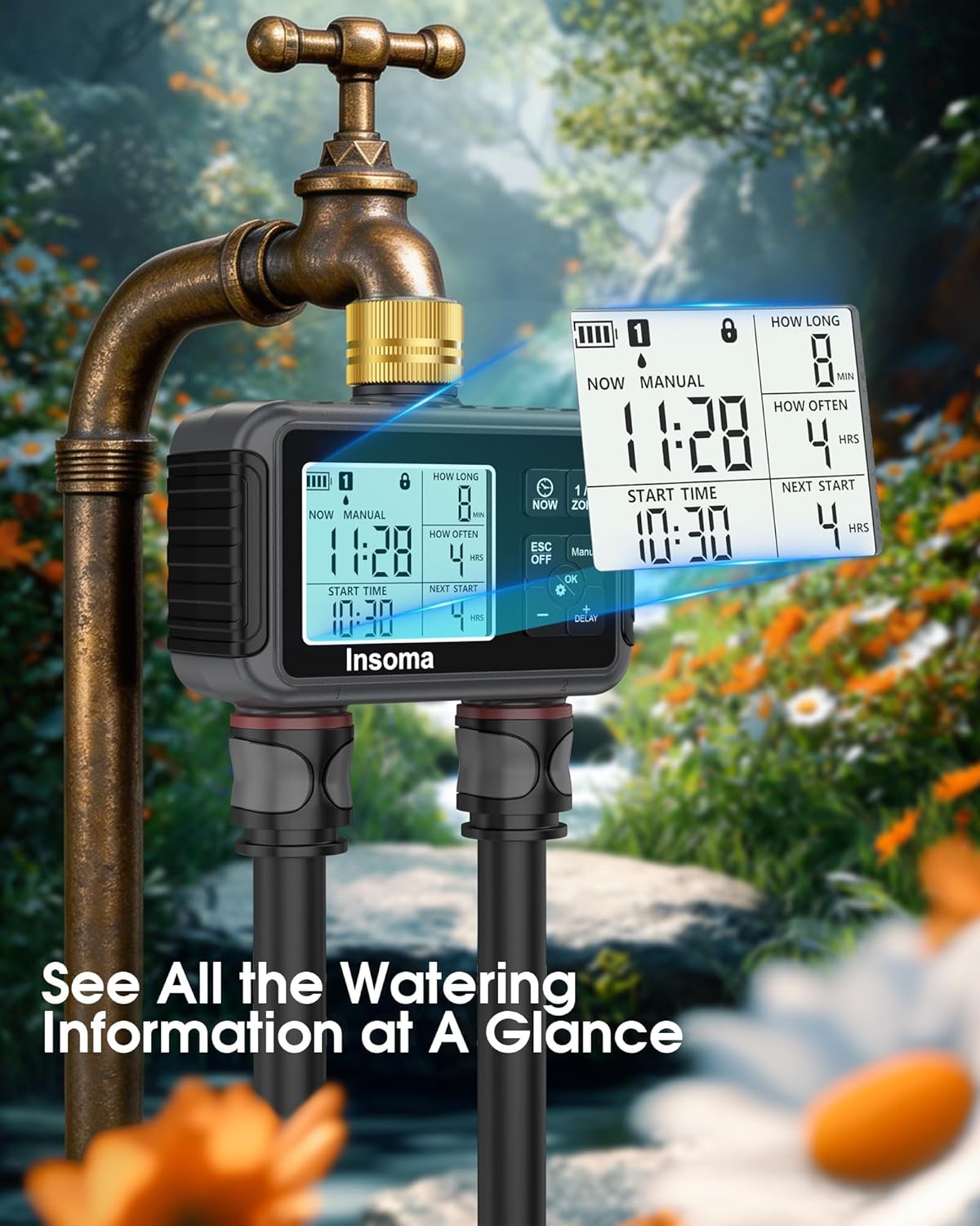 Insoma Water Timer with Brass Inlet & Outlet, 2 Independent Zones Outdoor Hose Timer for Garden Faucet with Auto/Manual/Rain Delay Mode, Sprinkler Irrigation Controller for Yard Lawn