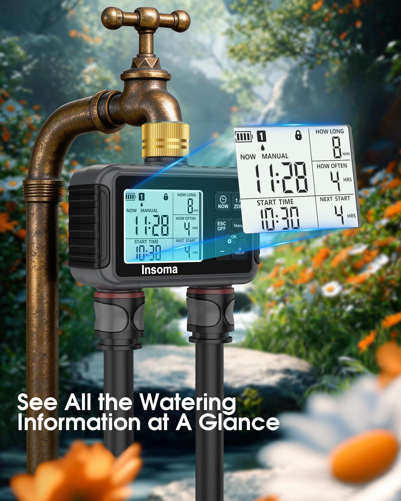 Insoma Timer per acqua con ingresso e uscita in ottone, 2 zone indipendenti per tubo da esterno per rubinetto da giardino con modalità auto/manuale/ritardo pioggia, regolatore di irrigazione per