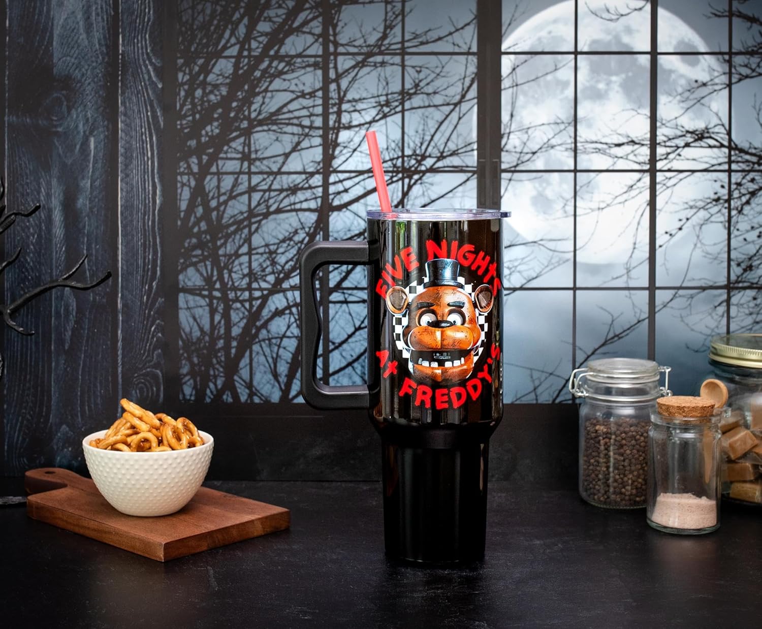 Five Nights At Freddy's Freddy Checkerboard Stainless Steel Travel Tumbler With Leak-Resistant Lid and Reusable Straw | Holds 40 Ounces