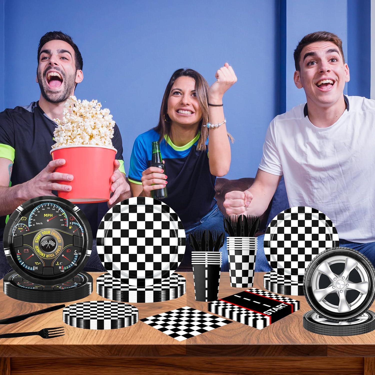 Race Car Party Decorations Tableware,144Pcs Race Car Plates and napkins,Cups,Fork,Knife,Black and White Checkered Plates for Boys Race Car Birthday Party Decorations, Serves 24