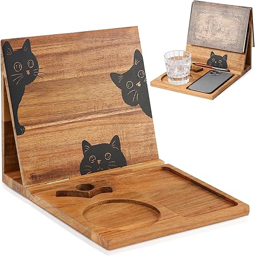 Soporte para libros para reposo de lectura, soporte plegable de madera para libros con soporte para páginas de libros, tazas, iPad y soporte para