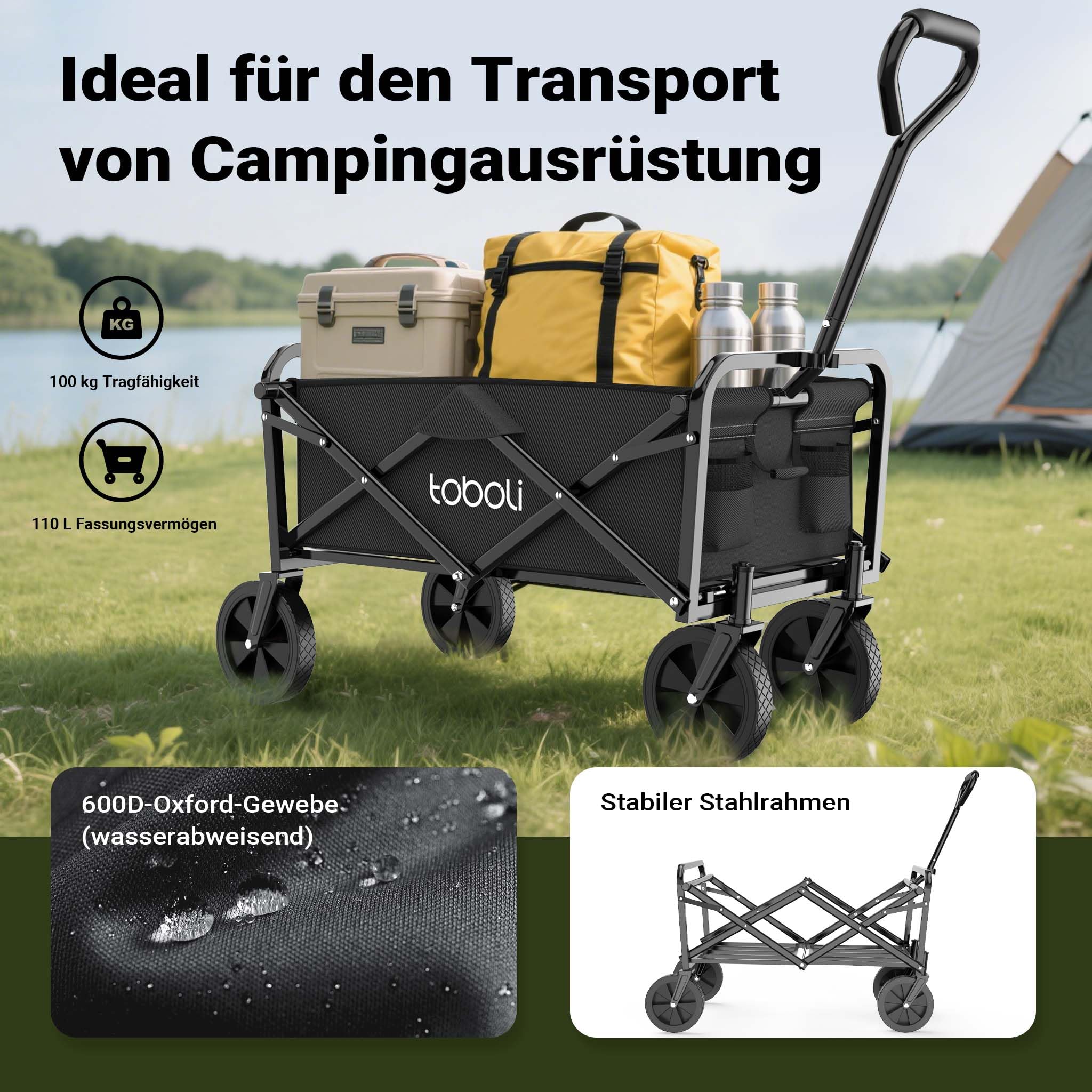 Bollerwagen faltbar Offroad schwarz, Faltbollerwagen belastbar bis 100 kg, Klappbollerwagen für Strand, Garten, Einkäufe