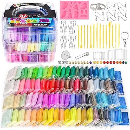 CiaraQ Polymer Clay Starter Kit, Oven Bake Modeling Clay with Sculpting Tools, 86 Colors, 4.4 lbs