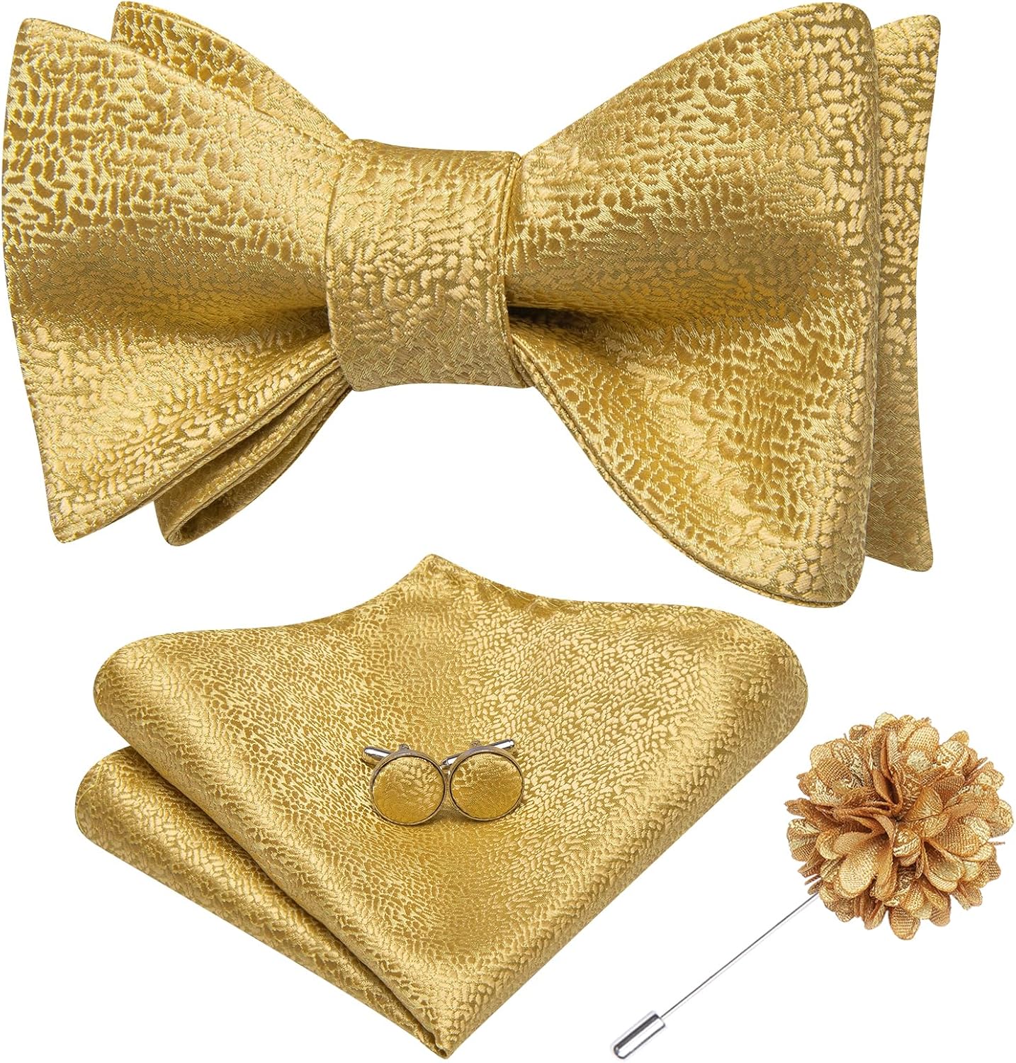 Hi-Tie Mens Selftied Bowties Lapel Pin Set Silk Solid Formal Bow Ties Pocket Square Cufflinks Sets for Wedding Tuxedo