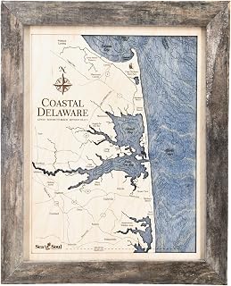 Sea & Soul Coastal Delaware Nautical Wall Art, Coastal Wall Décor 2-Level Wood Map, 13in x 16in, Bethany Beach Wall Decor, Rehoboth Beach, Lewes, Handcrafted in the USA (Rustic Pine/Deep Blue)