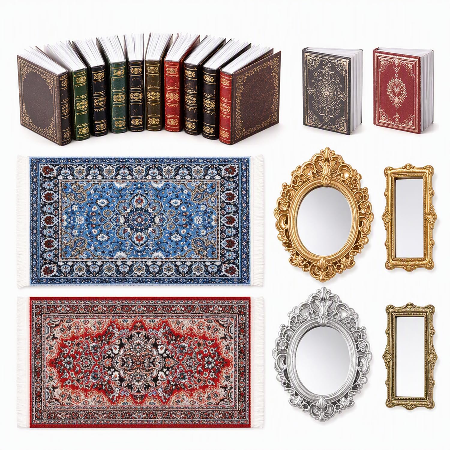 Dolls House Accessories, 18-Piece Set with Miniature Books, Rugs, Frames