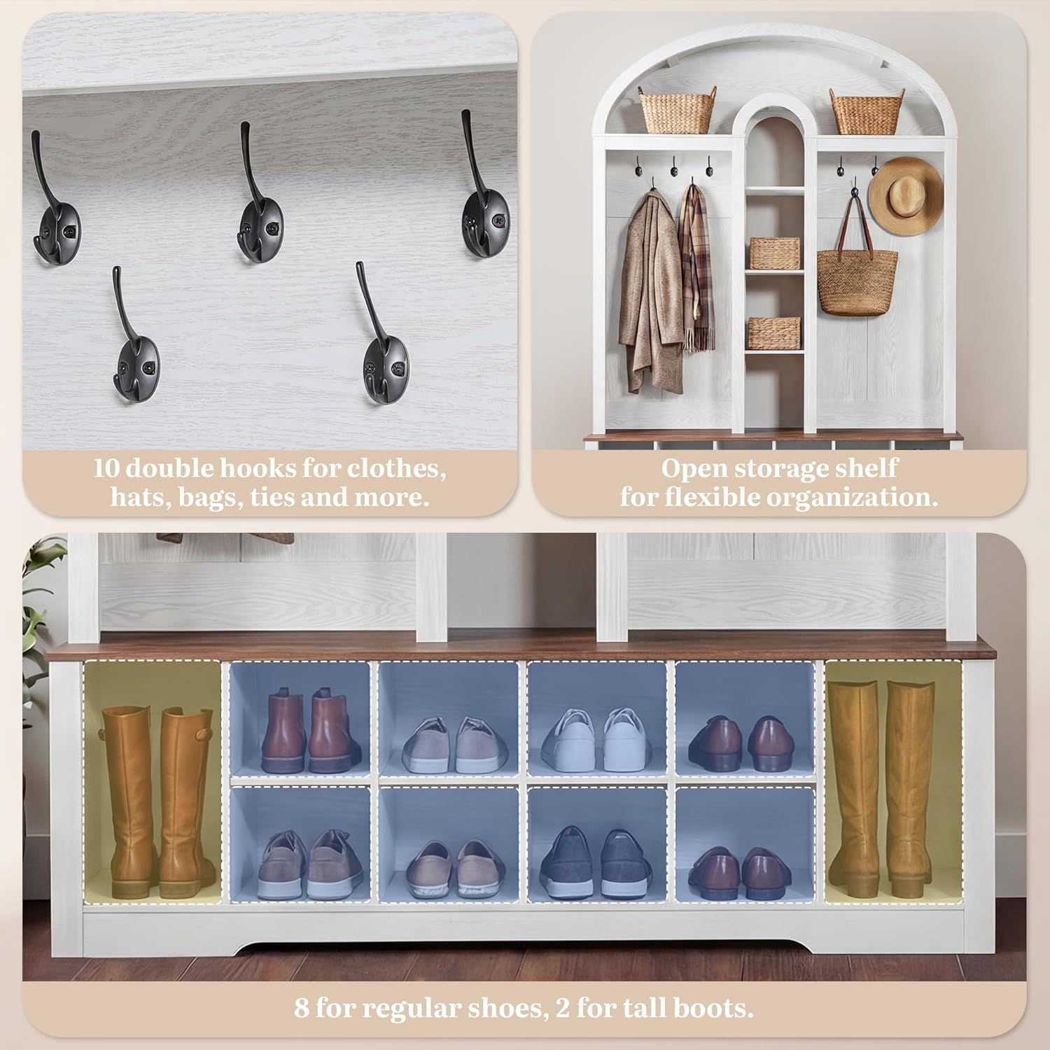 DWVO 59" W Hall Tree with Shoe Storage, Arched Entryway Bench with Coat Rack, 10 Shoe Cubbies Shelves & 10 Coat Hooks, Shoe Storage Bench for Entryway Hallway,White