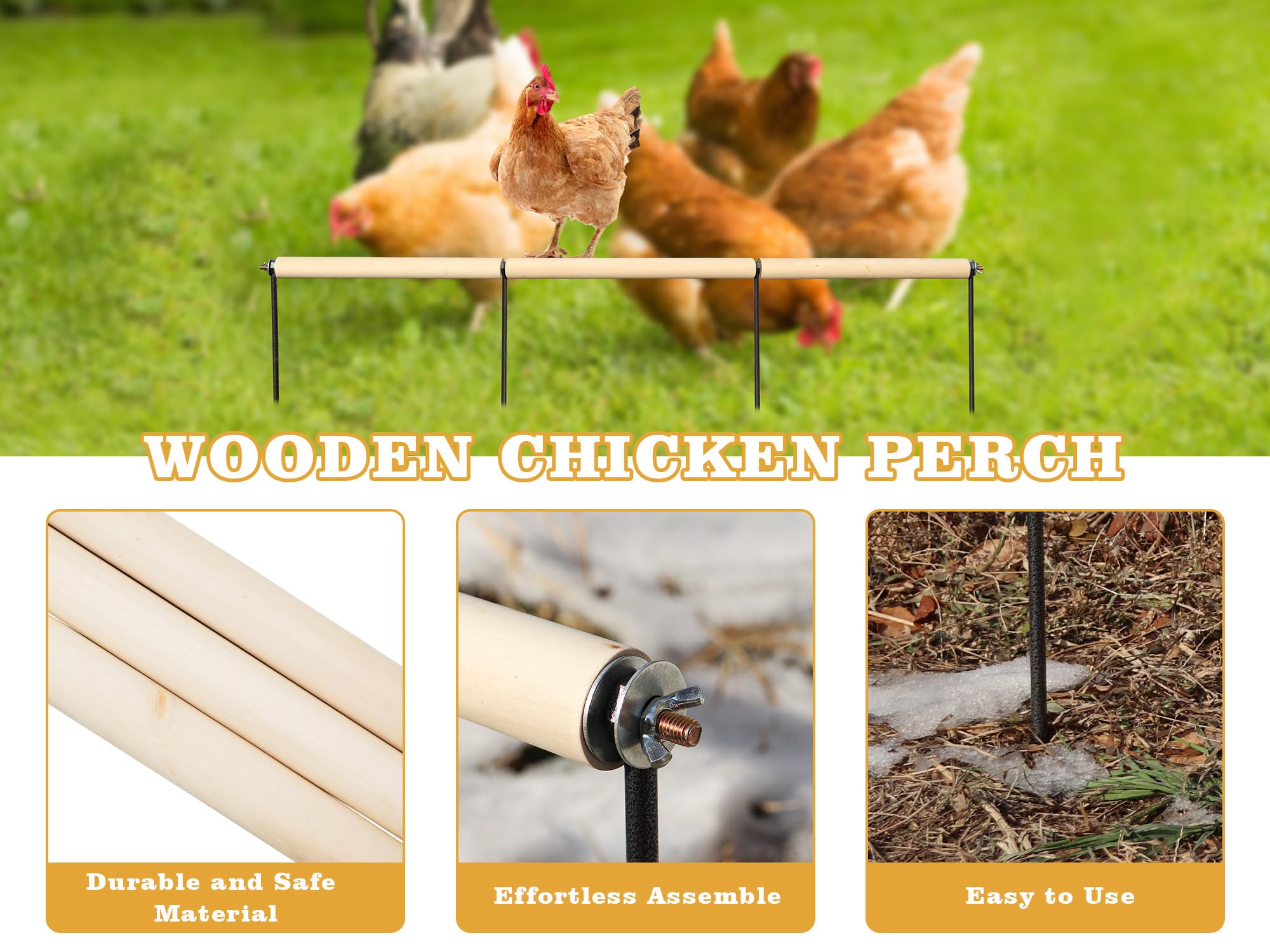 Accesorios de gallinero, percha de madera extra larga con estacas de metal, barras de gallinas en el core, juguetes de enriquecimiento de pollo