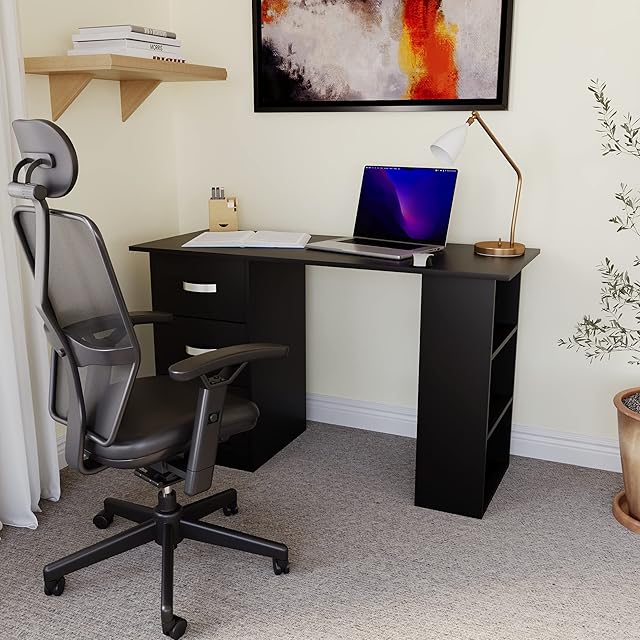 Vida Designs Mason Computer Desk with Shelves and 3 Drawers, Home Office PC/Laptop Gaming Table, Study Workstation, Furniture Black