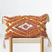 JOJUSIS Boho Orange Lumbar Pillow Cover 12x20 Inch - Woven Tufted Tassels Farmhouse Decor for Couch Bedroom Sofa
