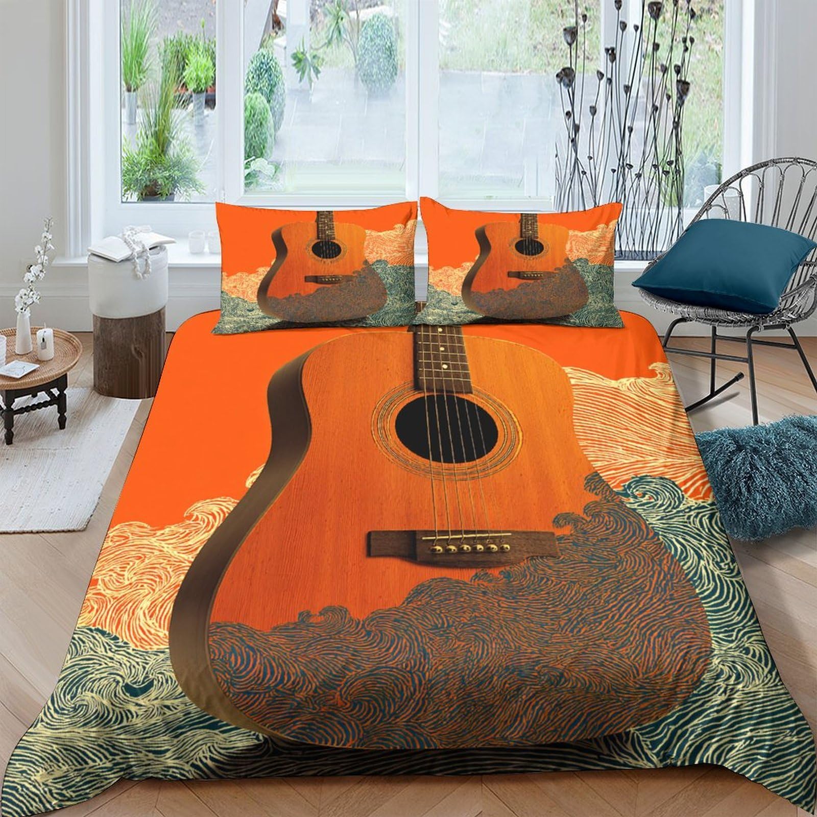 Ctjqhvkz Style-10 3D Printed Orange Guitar Fitted Sheet Microfiber Soft Artistic Landscape Bed Sheet For Bedroom Guest Room Decor Single（135X200cm）