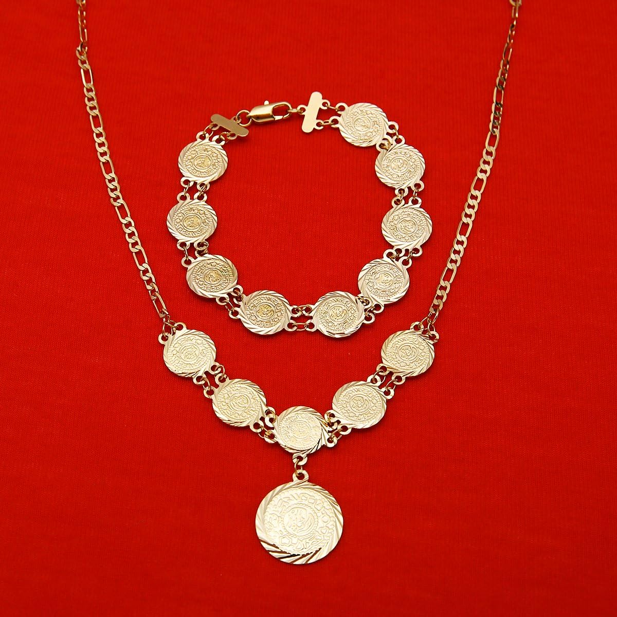 Money Coin Necklace Bracelet Set 24K Gold Color Islamic Muslim Arab Coin Jewelry Set