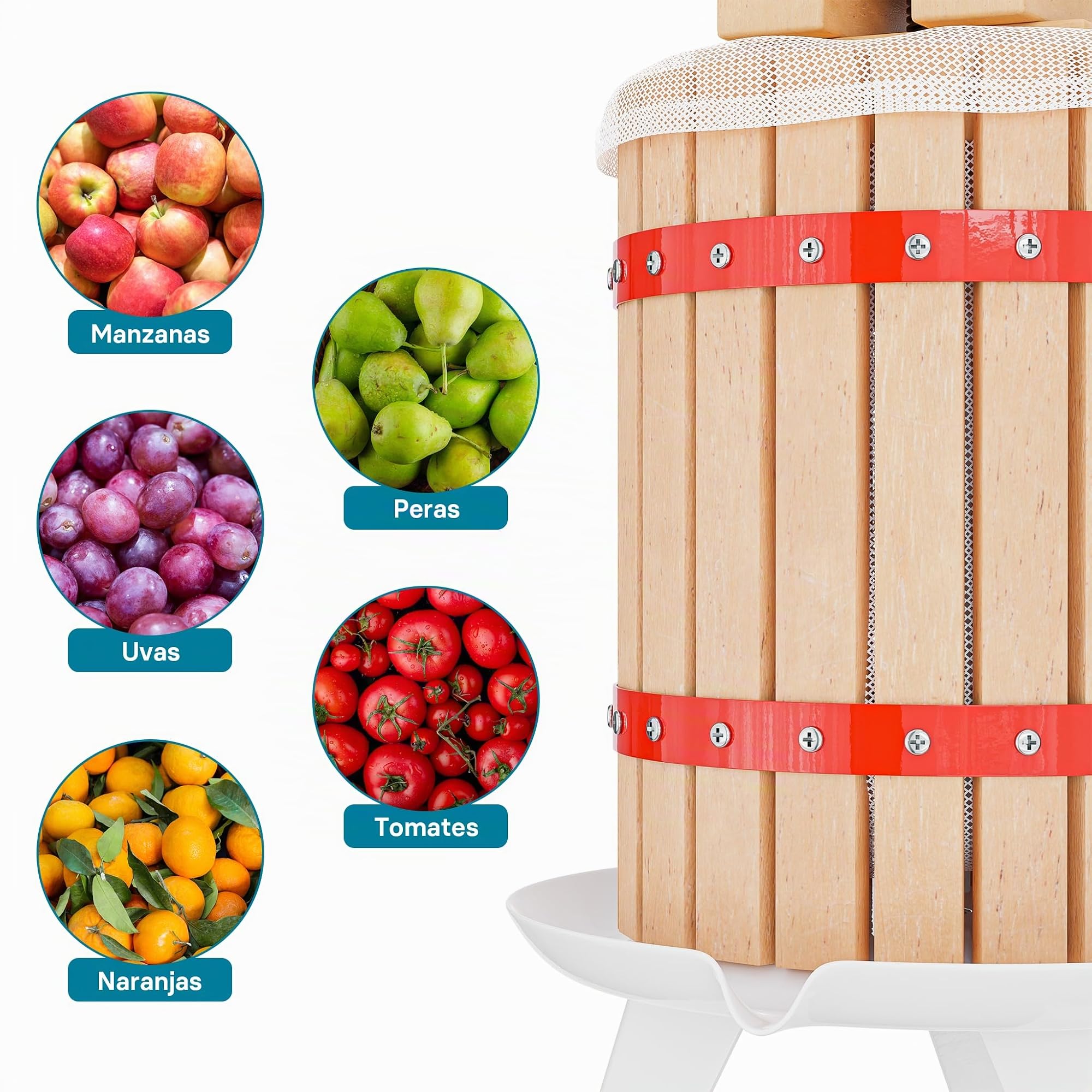 WilTec Prensa en Madera para Frutas, Mosto, Vino, Manzanas con Capacidad de 12 litros con Bolsa para Pulpa