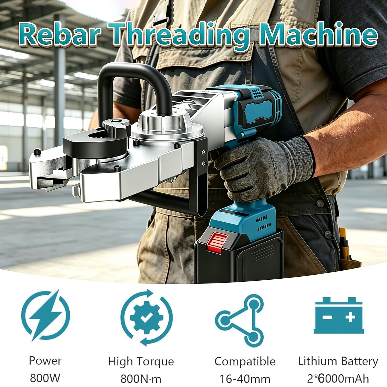 Enhebradora de varillas inalámbrica con dos baterí de 6000 mAh, diseño eficiente para proyectos de construcción y refuerzo.