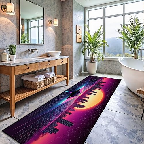 Miniatura 6 de Alfombra de pasillo lavable de 2 x 8 pulgadas, diseño de arcade, diseño de barco espacial a puesta de sol, retro, de los años 80, antideslizante,