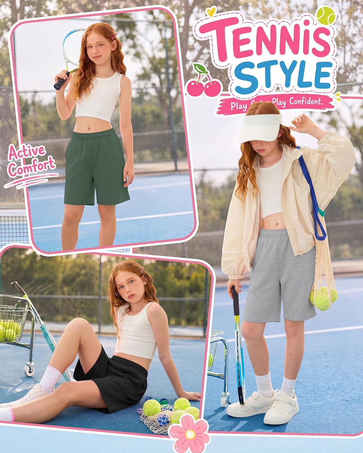 Yooo's Vivi 3 Pack Girls Shorts Bermuda Athletic Youth Baggy Summer Active Running Shorts with Drawstring Pocket