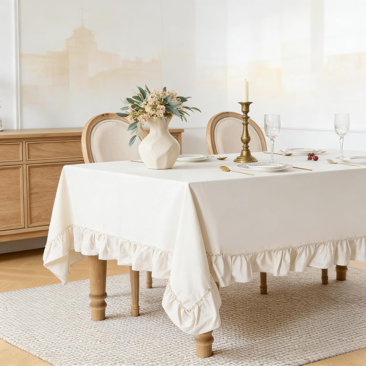 Simple&Opulence 100% Cotton Ruffled Tablecloth Retro Farmhouse Washable Textured Solid Rectangular/Circular Table Cover for Dining/Party/Buffet/Wedding,Linen,60x120 Inch
