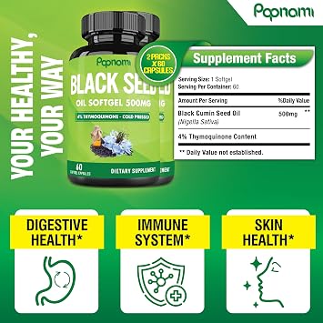 Premium Black Seed Oil Softgel Capsules - 2 Packs 60 Counts 500mg - 4 Month Supply for Immunity, Circulation, Digestive, Skin, Hair & Body Management