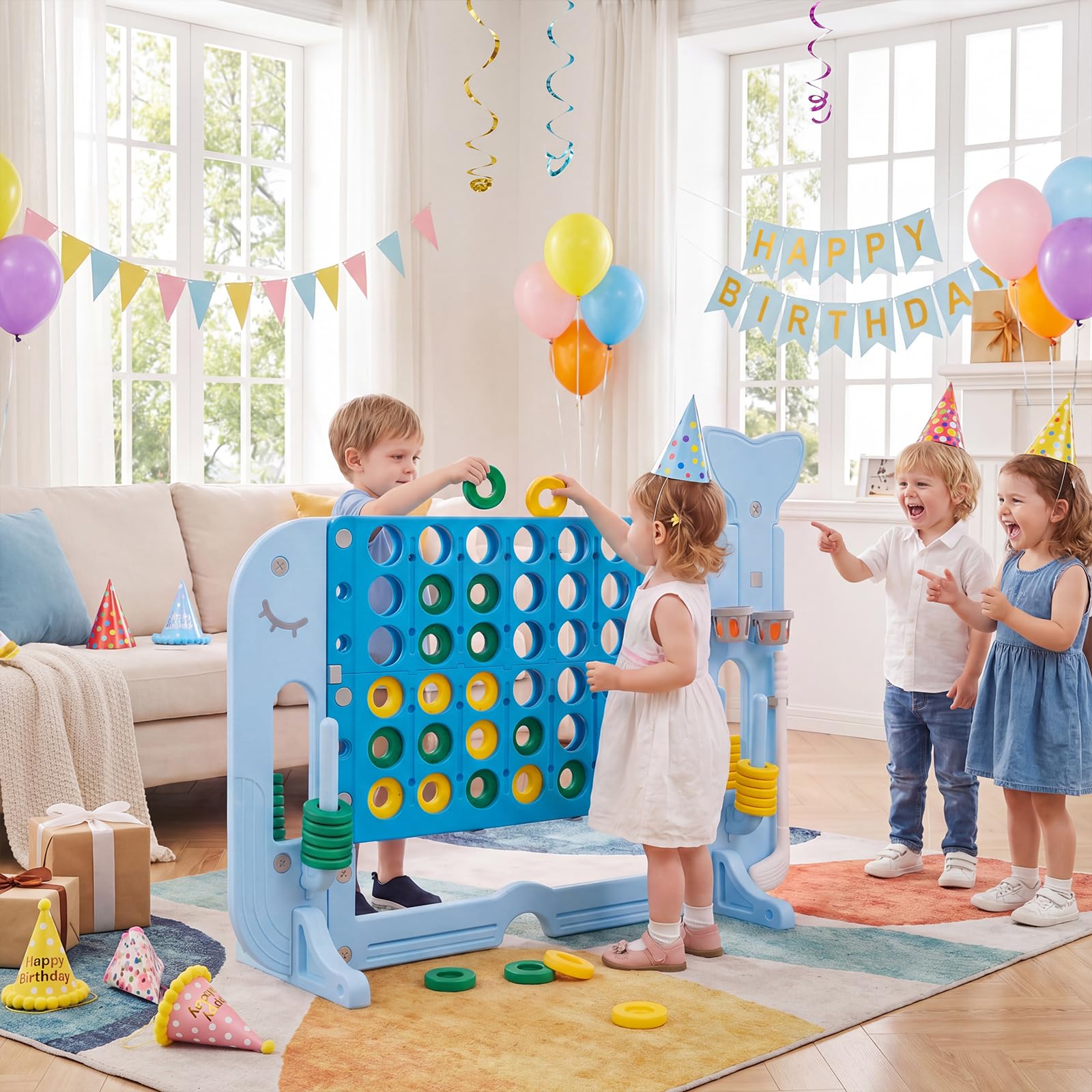 COSTWAY Forza 4 Gigante, Gioco 4 in Linea per Bambini con Altezza Regolabile, 42 Pedine, Palla da Basket, 2 Palline da Golf, Mazza da Golf, 3 Anelli e 2 Portabicchieri (Azzurro)