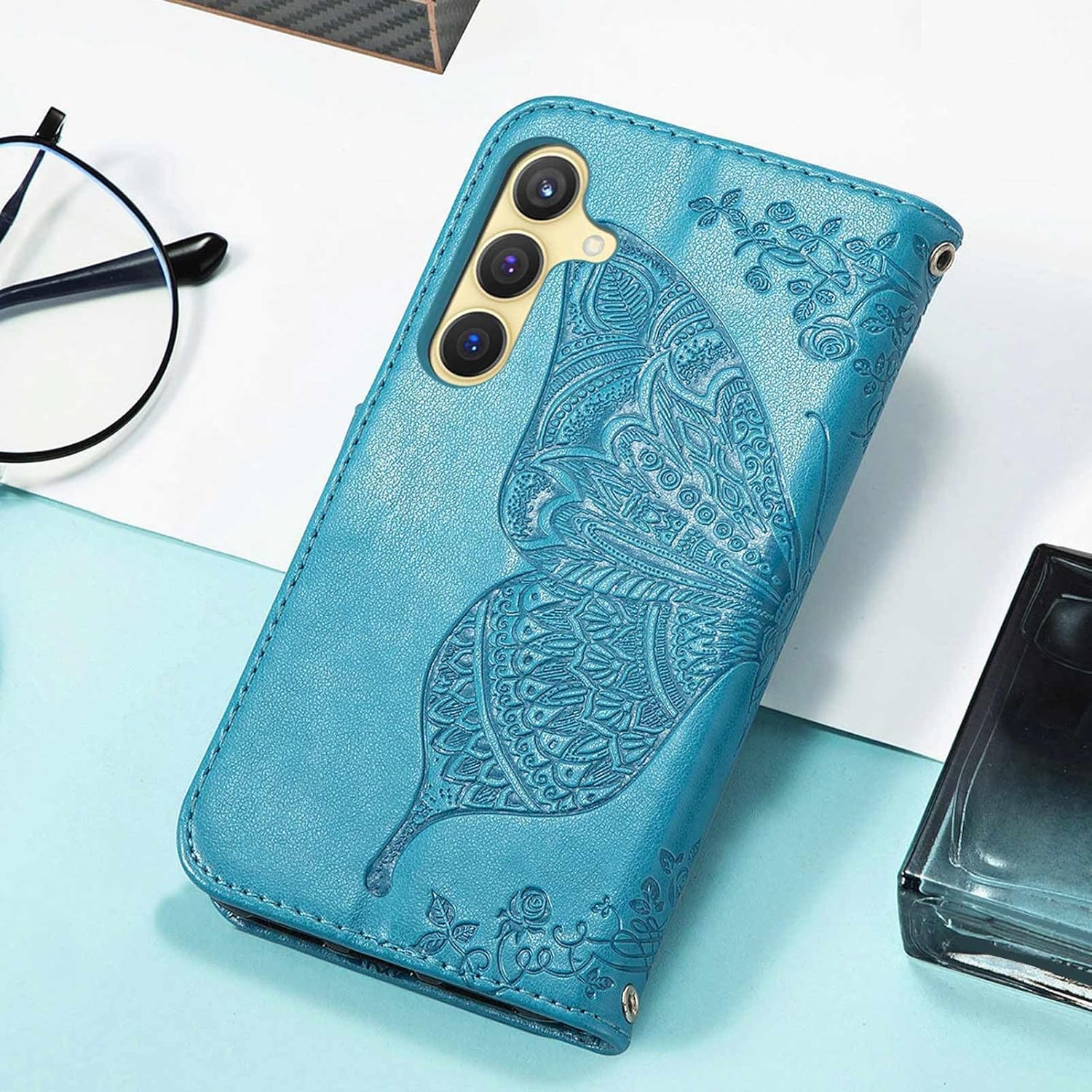 for Galaxy S25 5G Phone Case Wallet,Women Flip Folio Cover with Credit Card Holders Slots Butterfly Embossed PU Leather Kickstand Wrist Strap Purse for Samsung S25 (Blue) - Image 6
