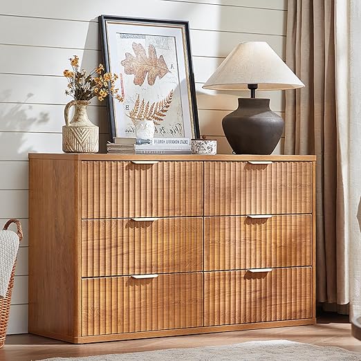LEYAOYAO Fluted 6 Drawers Dresser for Bedroom, 48" Wide Modern Chest of Drawers with Metal Handle, Brown Curved Profile Farmhouse Closet Organizer Wood Dressers TV Stand for Living Room, Hallway