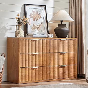 LEYAOYAO Fluted 6 Drawers Dresser for Bedroom, 48" Wide Modern Chest of Drawers with Metal Handle, Brown Curved Profile Farmhouse Closet Organizer Wood Dressers TV Stand for Living Room, Hallway