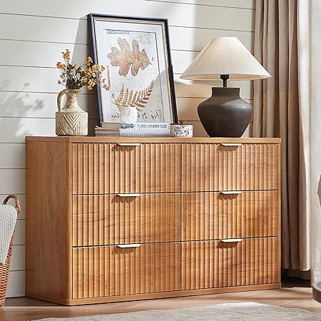 LEYAOYAO Fluted 6 Drawers Dresser for Bedroom, 48" Wide Modern Chest of Drawers with Metal Handle, Brown Curved Profile Farmhouse Closet Organizer Wood Dressers TV Stand for Living Room, Hallway