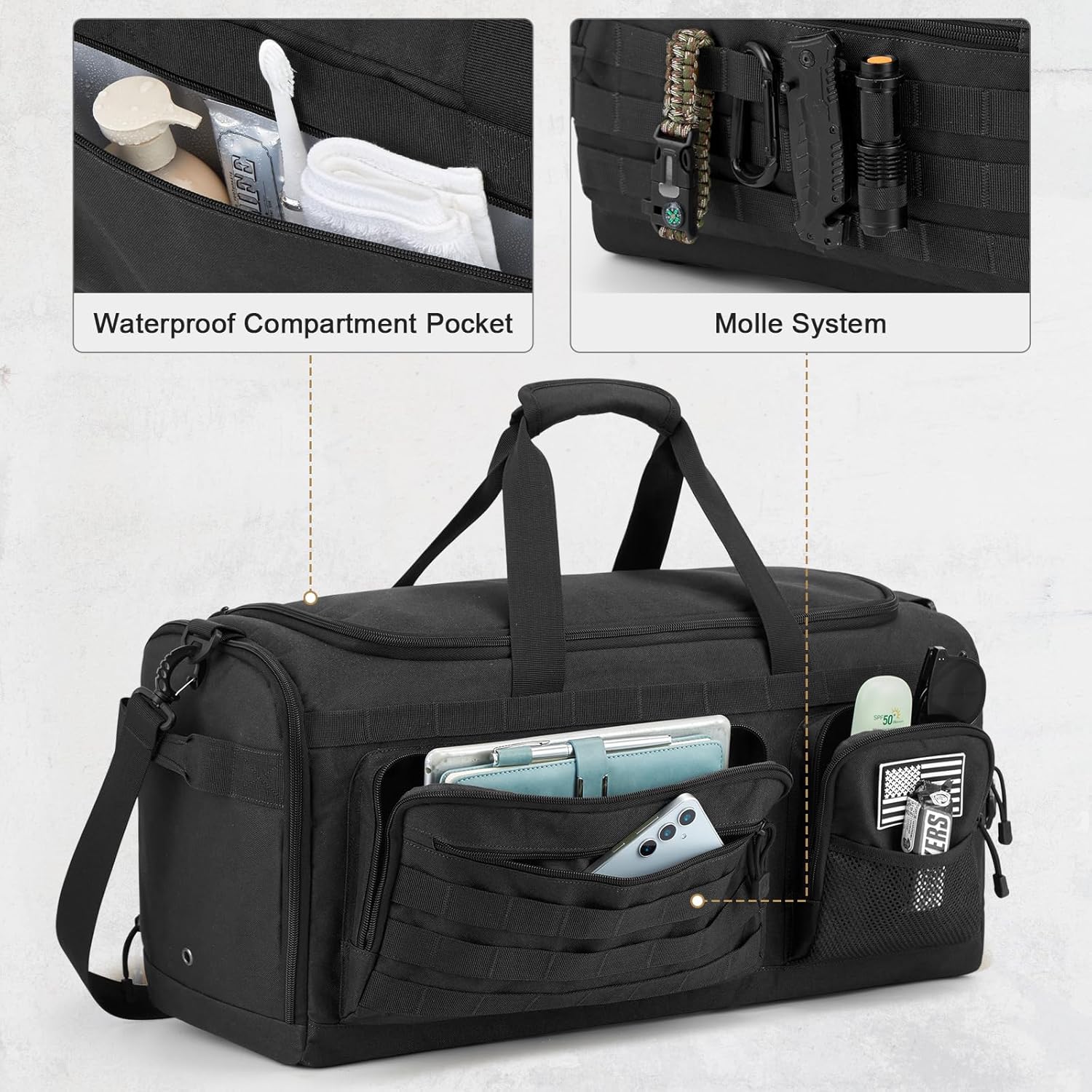 G4Free 3-in-1 Travel Duffle Bag for Men and Women, 50L Large Gym Sports Bags Tactical Military Duffle Backpack with Shoes Compartment and Wet Pocket (Black) - Image 4