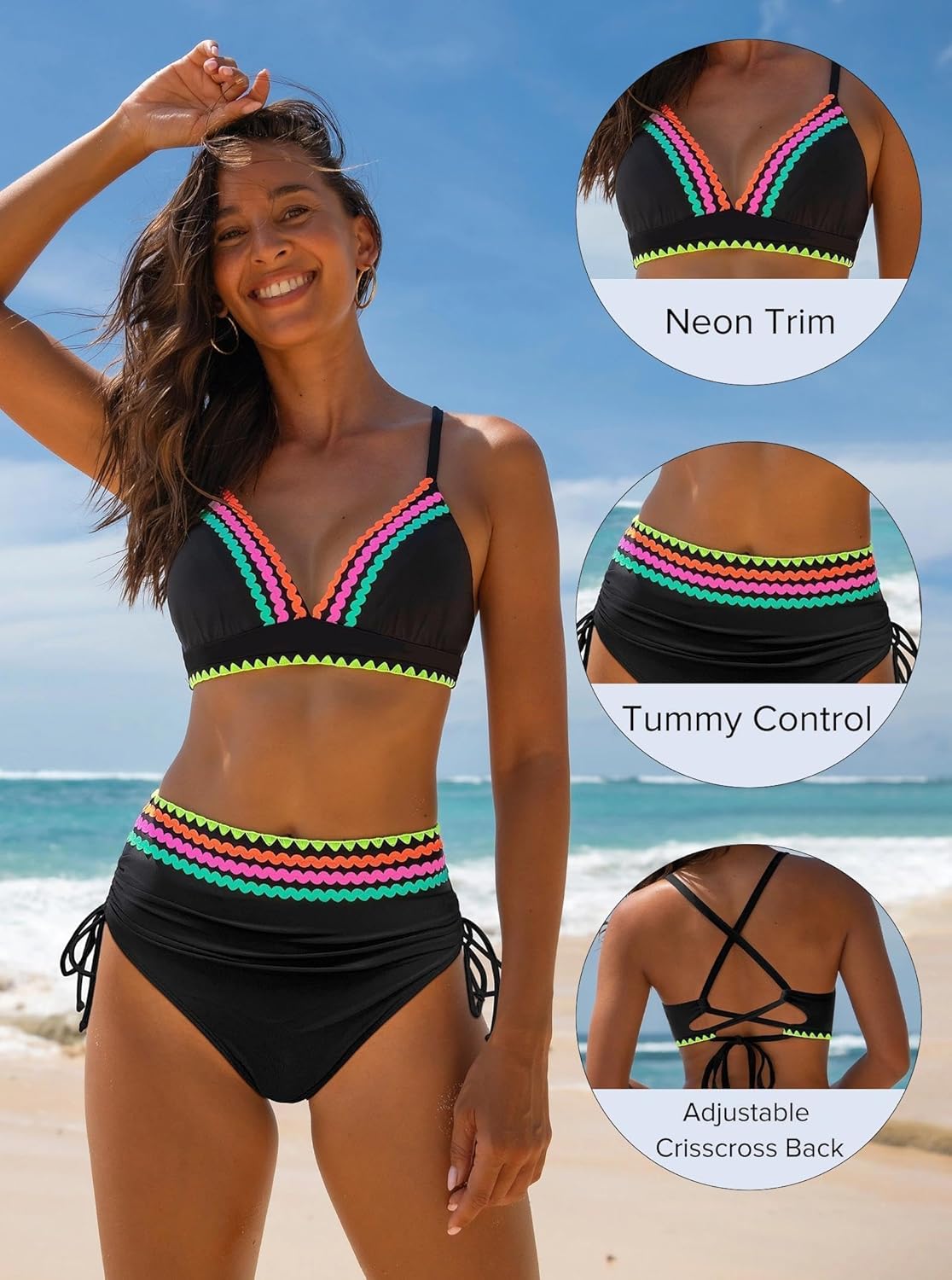 popvil High Waisted Bikini Sets for Women Tummy Control Swimsuits Neon Two Piece V Neck Drawstring Bathing Suits 2026 - Image 4