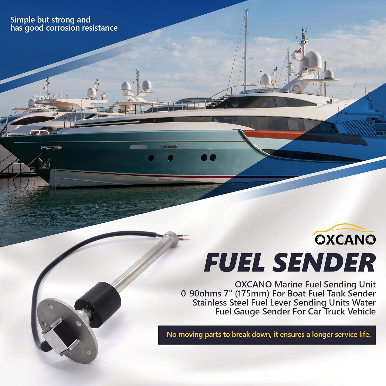 Marine Fuel Sending Unit 0-90ohms 7" (175mm) for Boat Fuel Tank Sender Stainless Steel Fuel Lever Sending Units Water Fuel Gauge Sender for Car Truck Vehicle