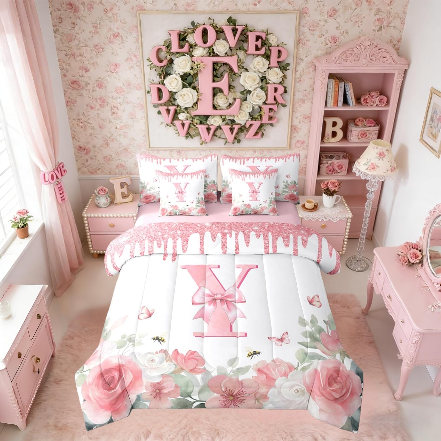 Erosebridal Cute Pink Bow Twin Comforter Set with Sheets 7 Piece Initial Letter Y Bed in A Bag Kawaii Bow Monogrammed Bedding Sets for Kids Adults,Rose Butterflies Bees Bed Set