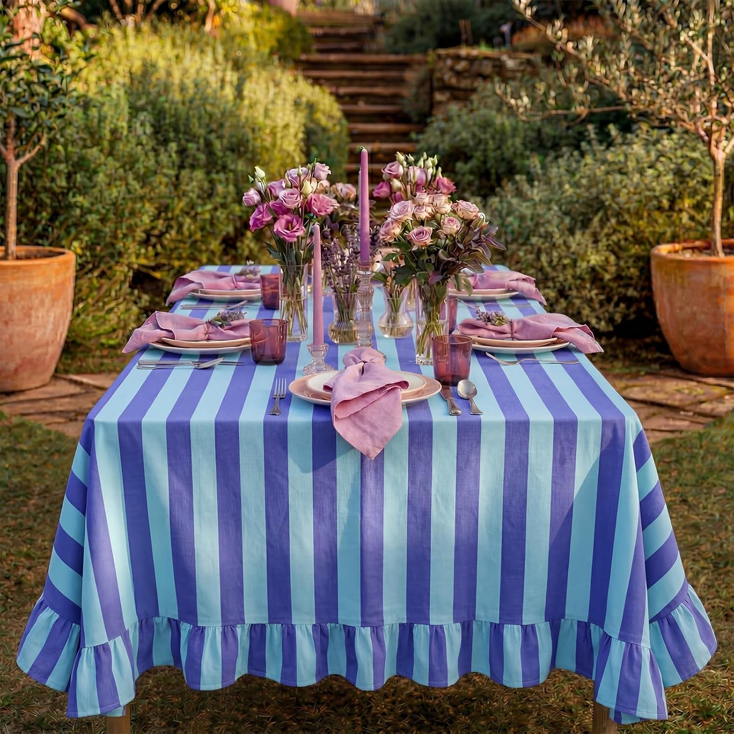 Tudomro 1 Pcs Ruffle Edge Striped Tablecloth, 84'' x 60'' Scalloped Table Cover, Farmhouse Linen Fabric Cloth for Rectangle Table, Dining Room Bridal Shower Wedding Holiday Party(Cobalt, Sky Blue)