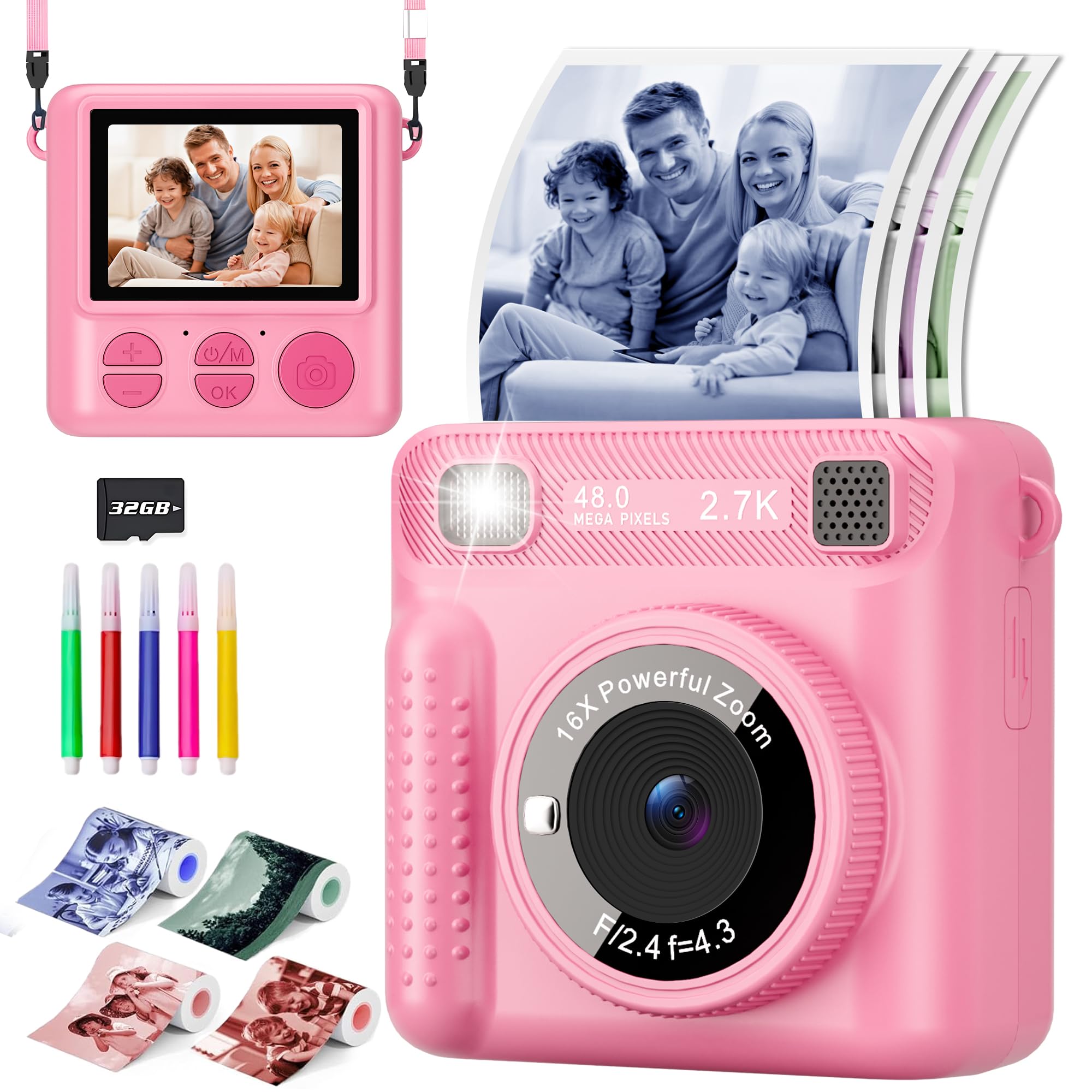 LENND Instant Print Camera for Kids,Instant Camera for Girls Boys,Kids Camera Toys for Toddler 1080P HD Selfie Digital Camera with 4 Color Photos & 32G Card,Birthday Gifts for Girls Age 3-12 Years Old