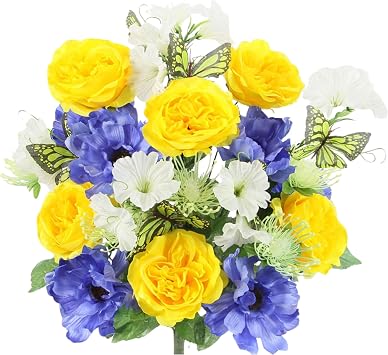 Admired By Nature ABN1B019-YW-BL-CM Artificial Spring Flower Bush 24 Stem Open Rose/Cosmos Daisy Mix Bush, Yellow/Blue/Cream