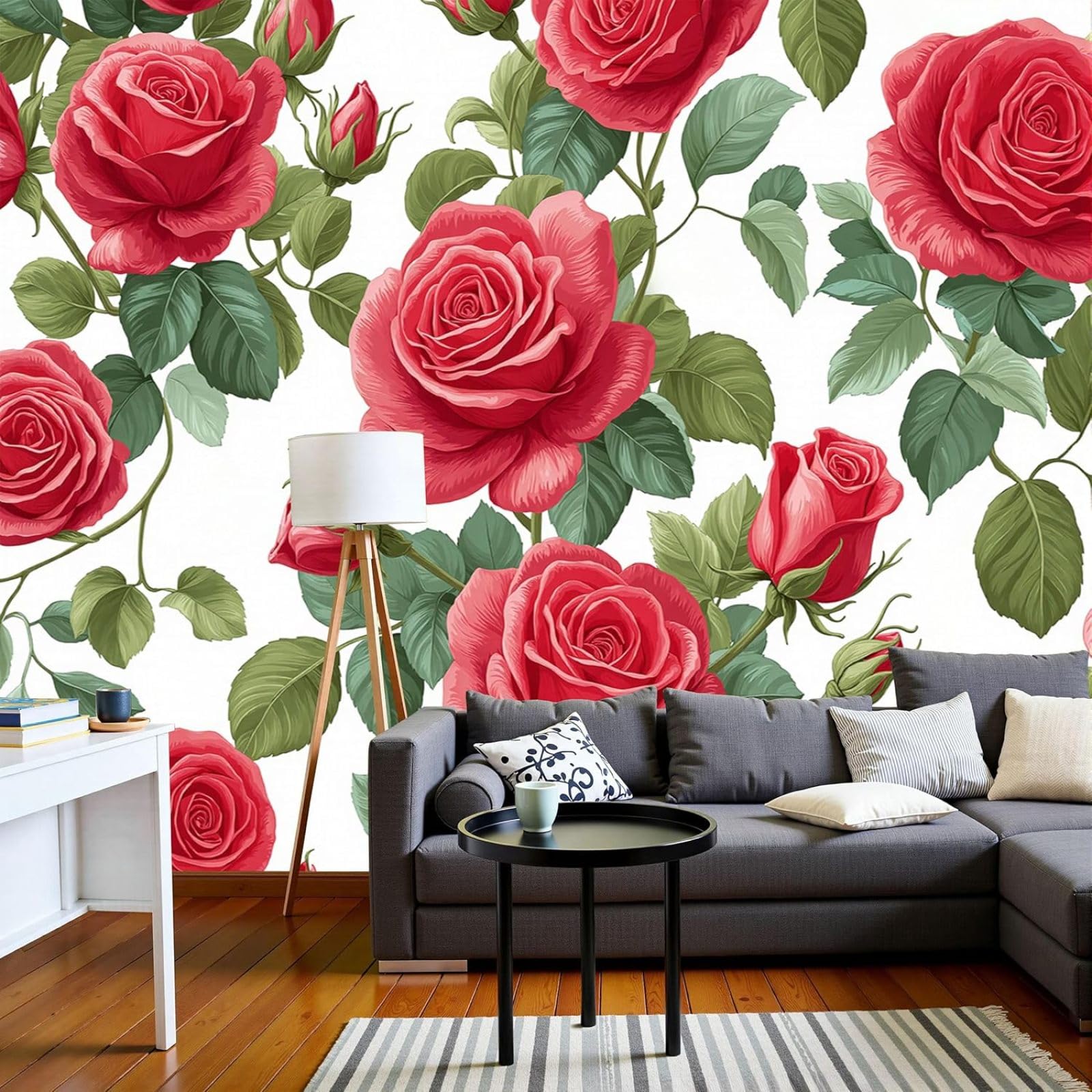 kfjhgbdshhj Romantic Red Roses Hand-Painted Floral Wallpaper, Non-Woven 3D Modern Wall Mural, No Adhesive Backing, Ideal for Living Room Walls, 300cm x 210cm Stickers - Frameless Painting - Poster