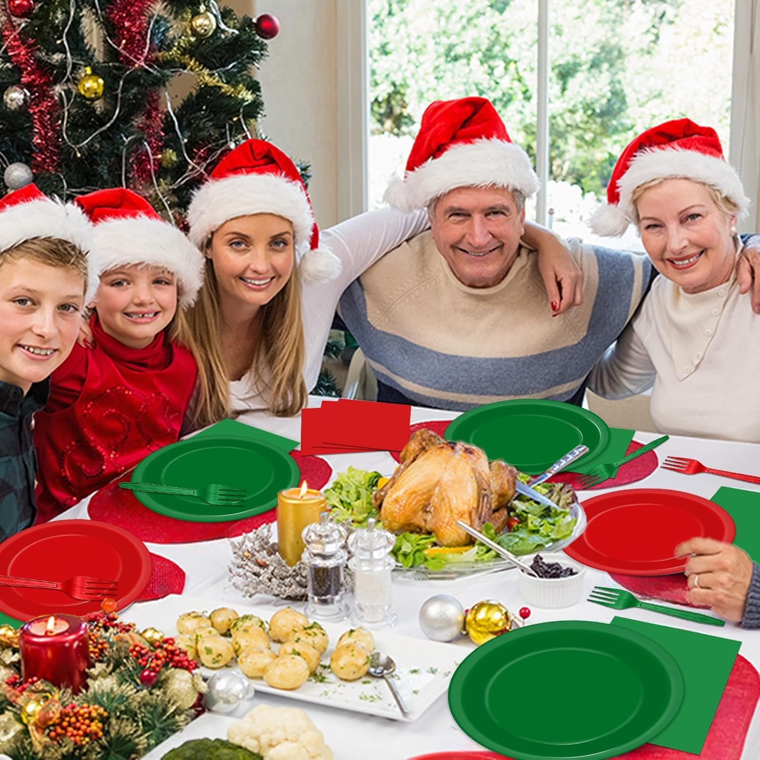 gisgfim 50 Guests Christmas Party Supplies Red and Green Plates and Napkins Plastic Forks Holiday Tableware Xmas Paper Plates for Christmas Party 200PCS - Image 8