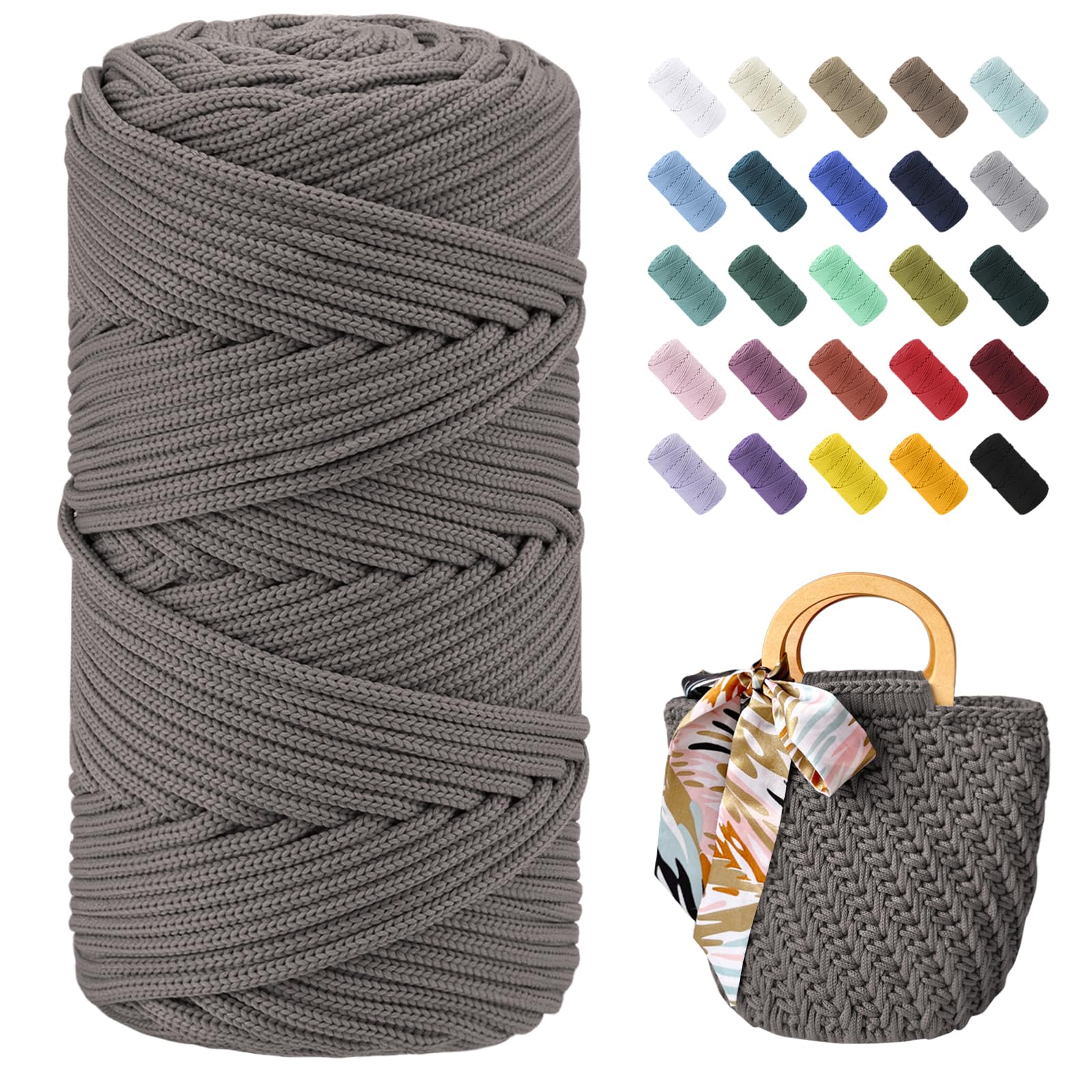 Uiopa Braided Macrame Cord 4mm x 150m Polyester Cord Thick Crochet Yarn Macrame Rope for Crocheting Bags/Baskets, Macrame Projects, Decoration, DIY Crafts (Dark Camel)