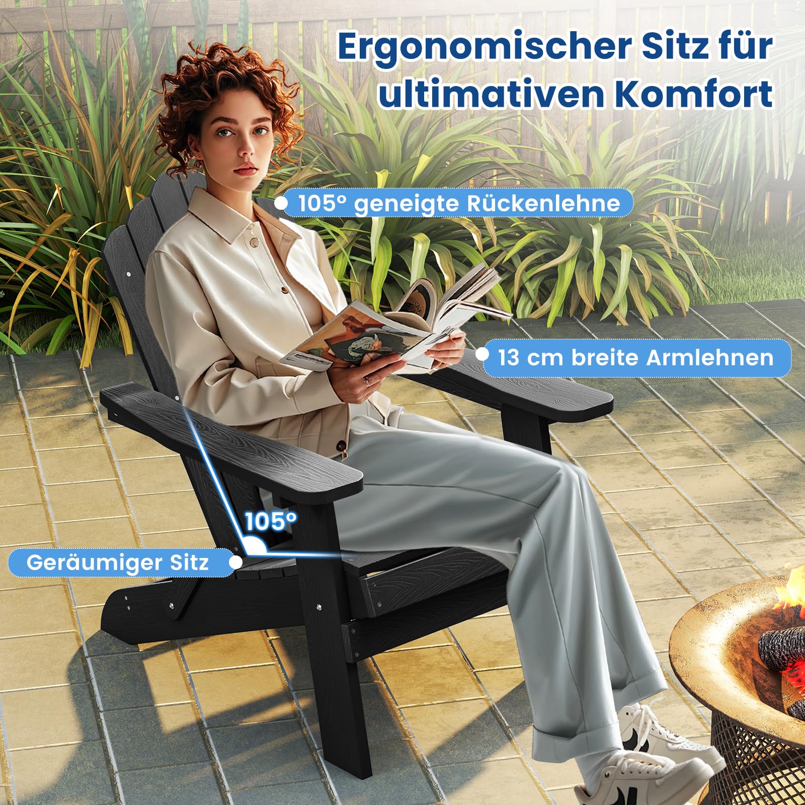 COSTWAY Adirondack krzesło składane, odporne na warunki atmosferyczne Adirondack Chair z tworzywa sztucznego, krzesło ogrodowe z wysokim oparciem i szerokimi podłokietnikami, do ogrodu, na taras,