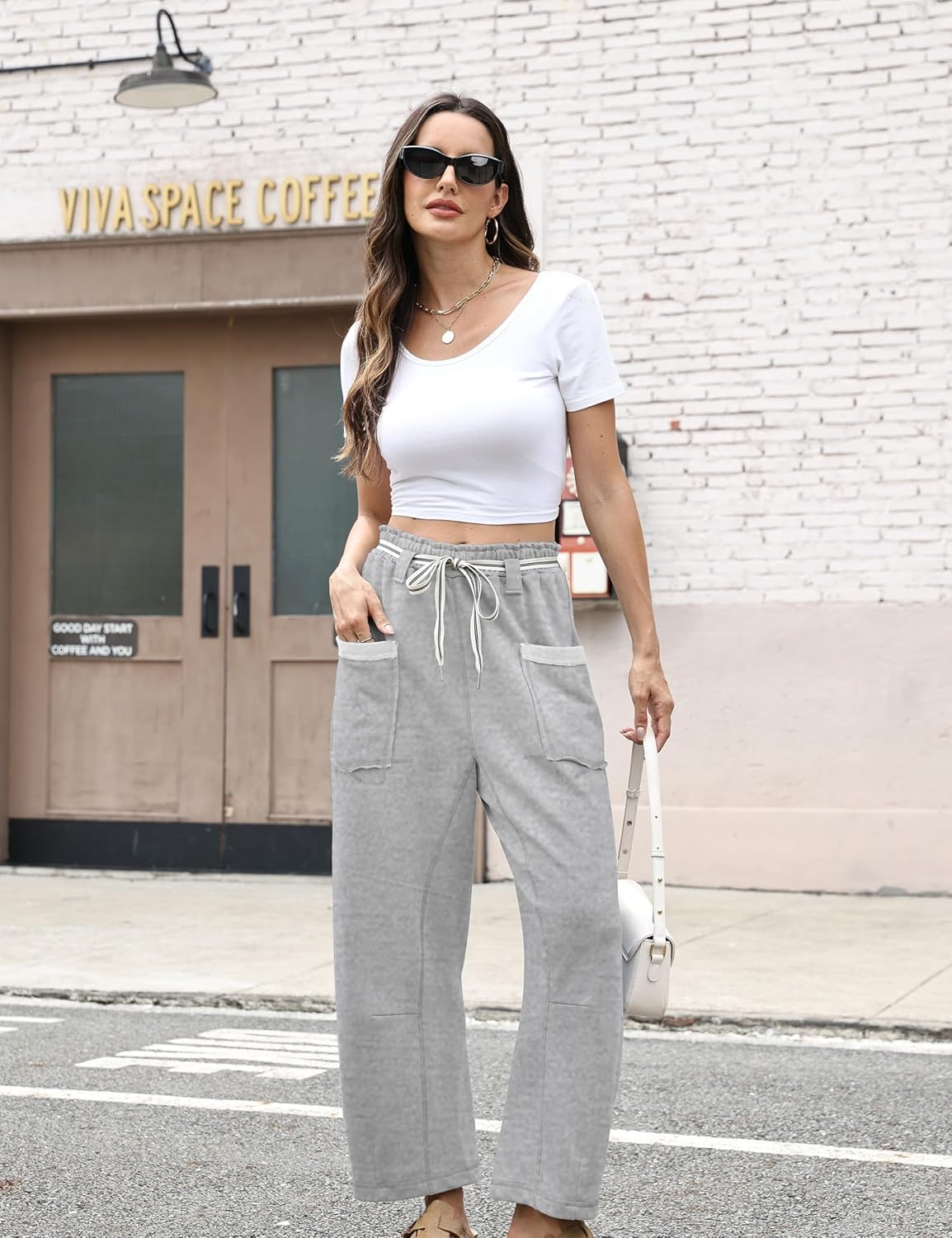 Womens Baggy Barrel Pants Wide Leg Elastic-Wasited Cotton Loose Palazzo Lounge Sweatpants with Pockets - Image 3