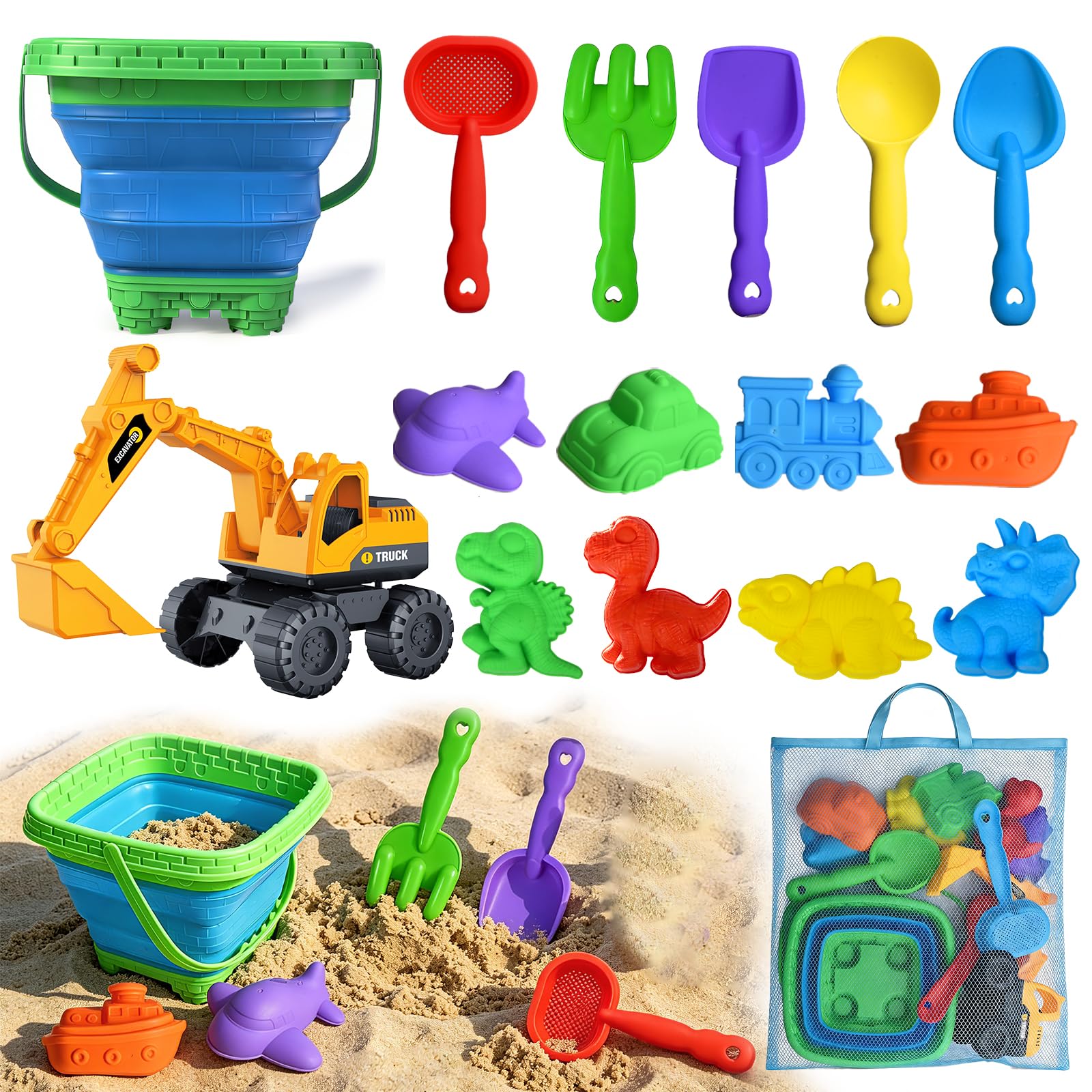 Beach Sand Toys for Kids, 15Pcs Sandbox Toy Set with Beach Excavator, Collapsible Buckets, Sand Molds, Shovels & Mesh Bag, Sandbox Play Set for Outdoor,Travel Summer Toy for Toddlers Boys Girls