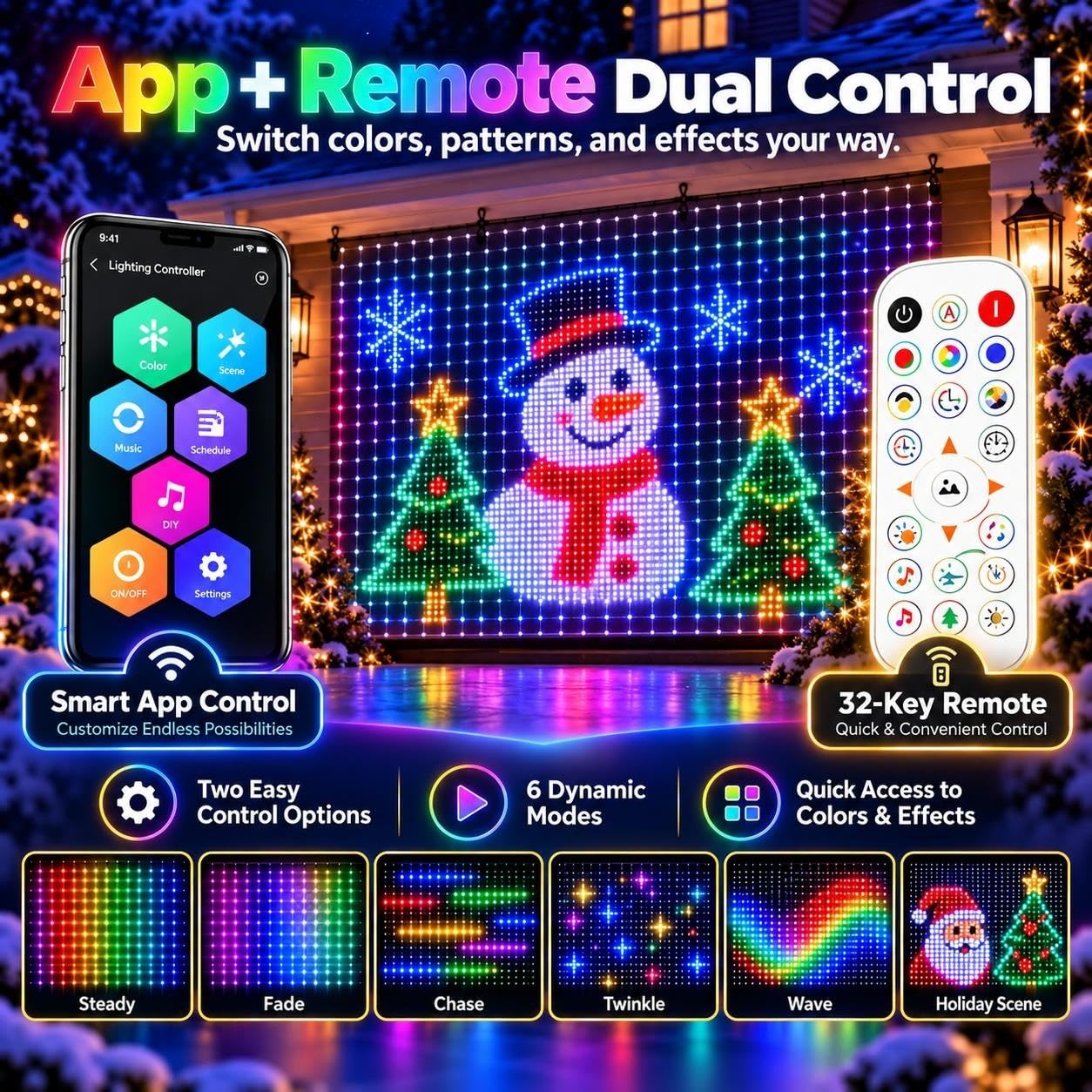 Smart RGB LED Curtain Lights, 400 LED Outdoor Wall Display with App&Remote