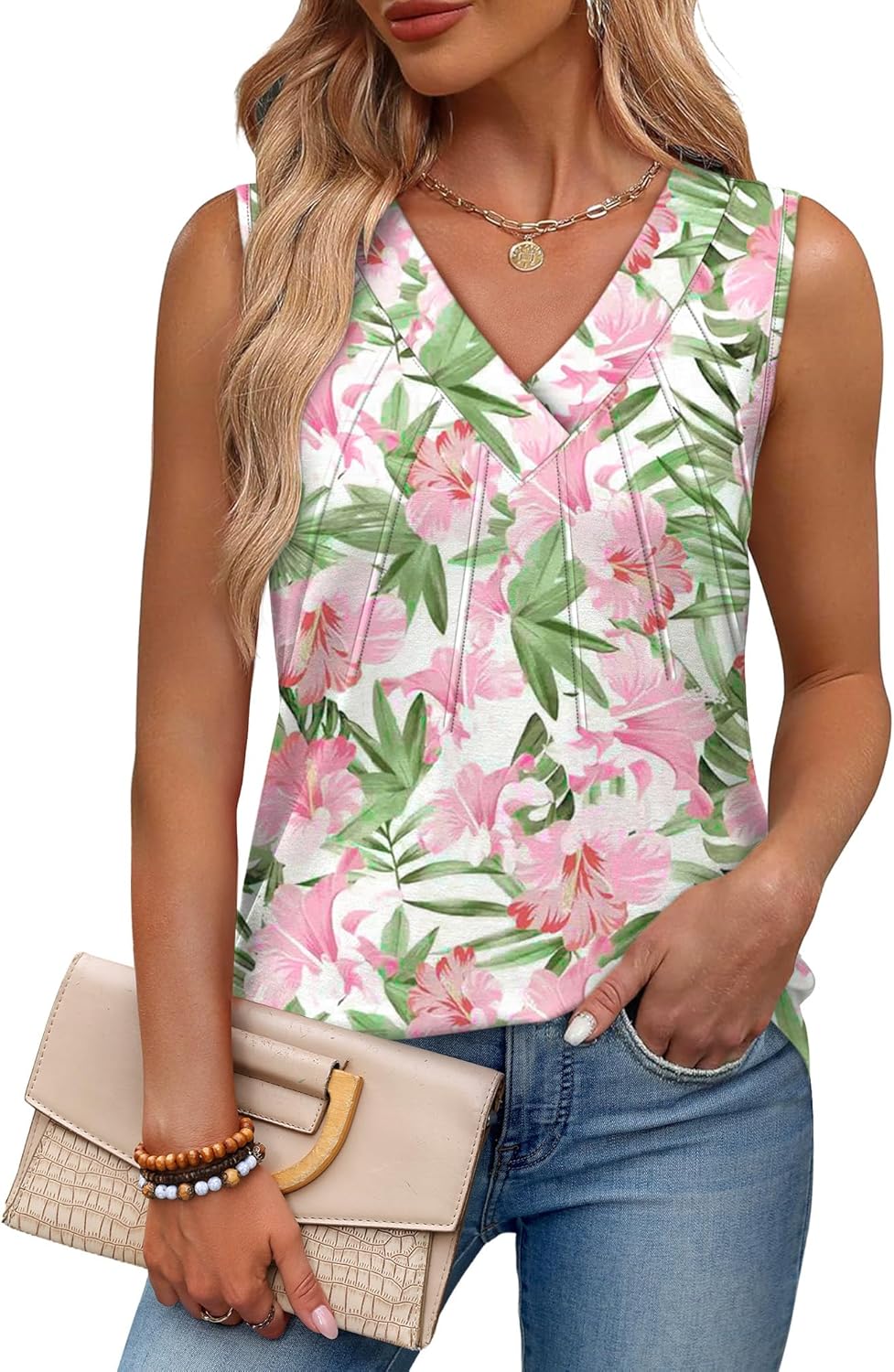 OFEEFAN Tank Tops for Women Loose Fit Sleeveless Shirts V Neck Summer Clothes Ruched Women's Tees and Tanks Straight Hem - Image 2