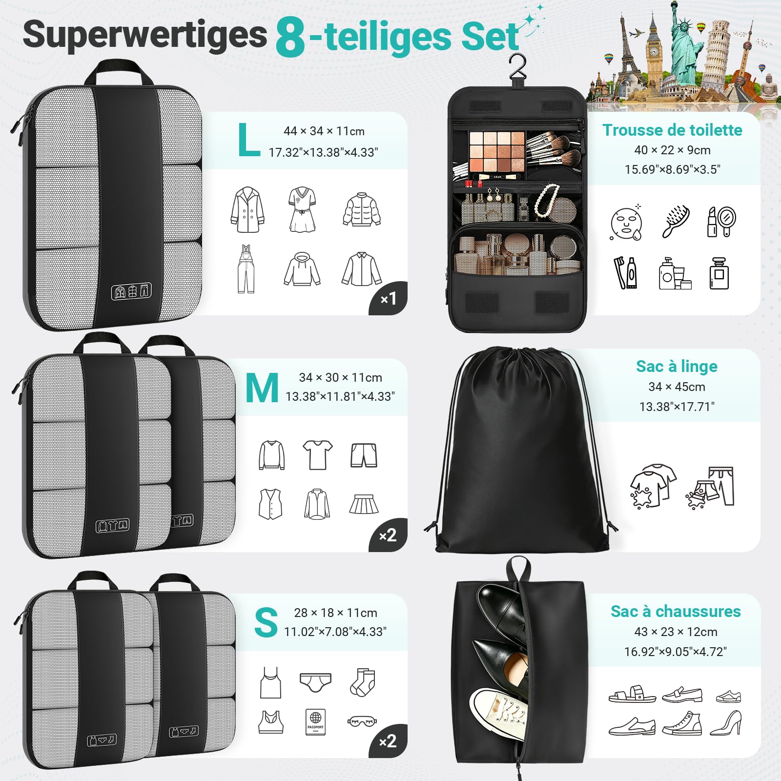 Koffer Organizer mit Kompression, 8 Stück Packing Cubes für Koffer und Rucksack – wasserabweisende Packwürfel aus recyceltem RPET, Reise Organizer für Handgepäck & Reisen