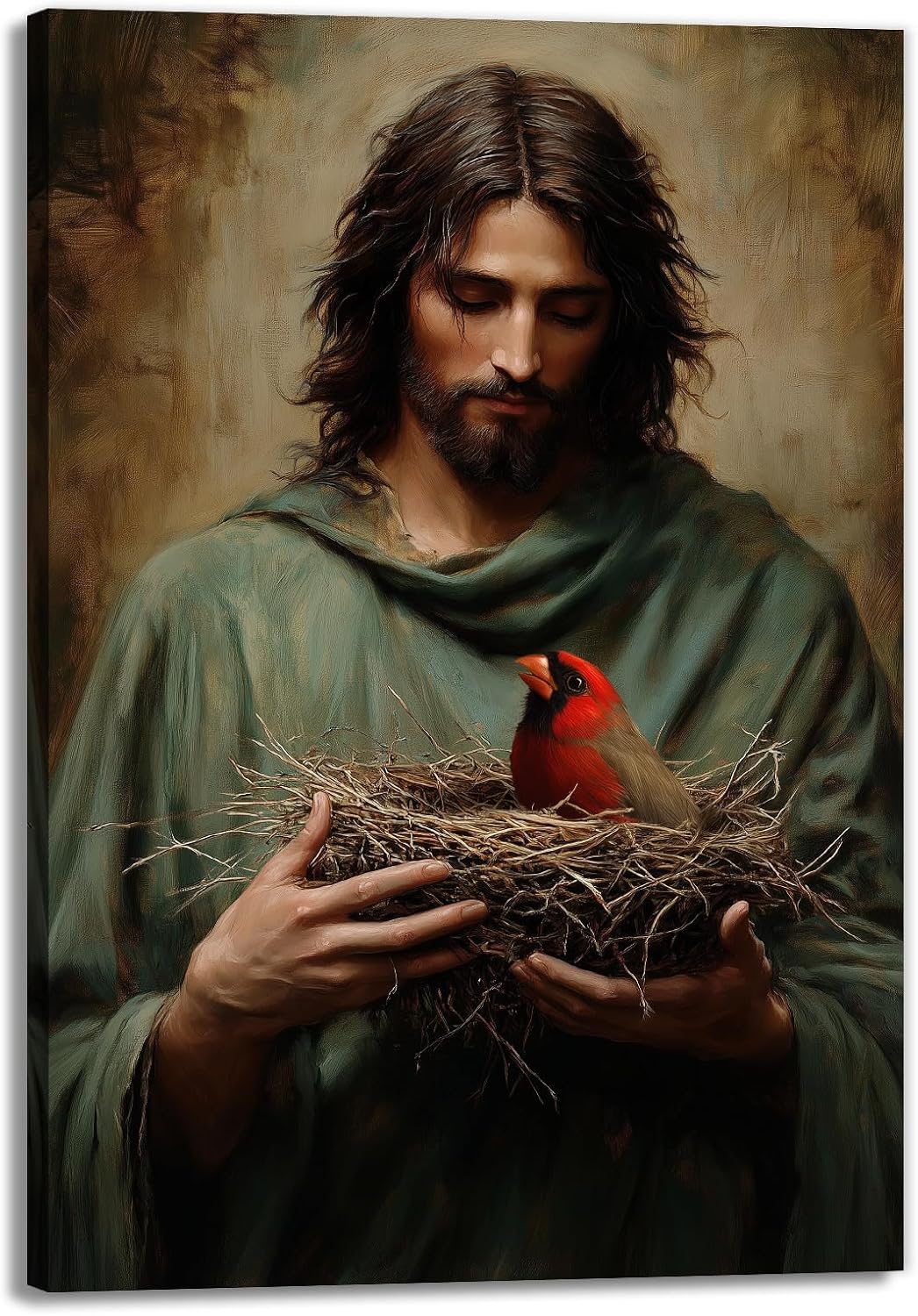 GLOKAKA Jesus Canvas Wall Art Jesus With Red Birds Cardinal Picture Print Religious Window Scene Art Christian God Painting for Prayer Room Living Room Decor(Jesus-1,12"x18")