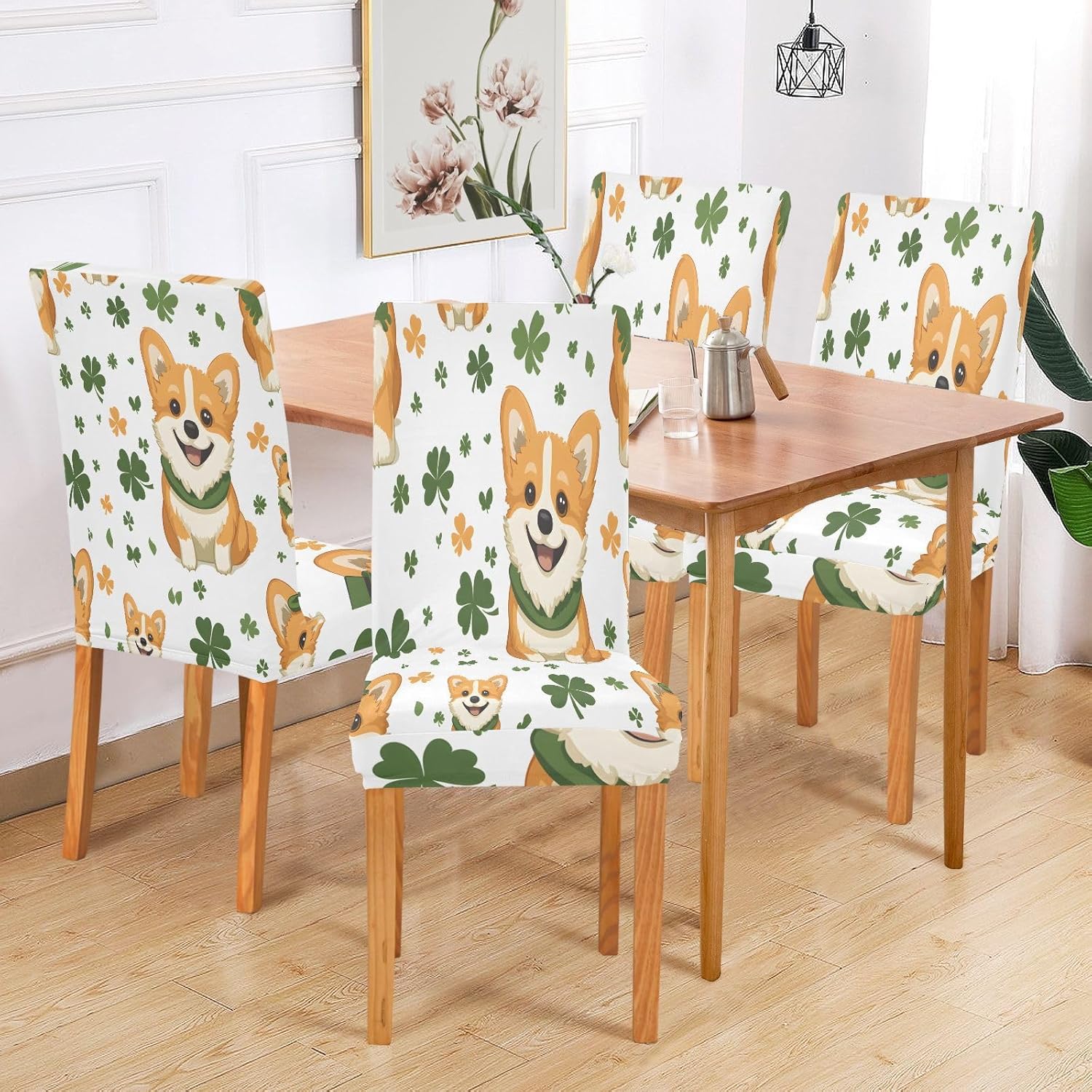 ALAZA Chair Covers for Dining Room, Corgi Pattern Four Leaf Clover Stretch Chair Cover Sets Chair Protector Removable Washable for Ktichen Restaurant Hotel