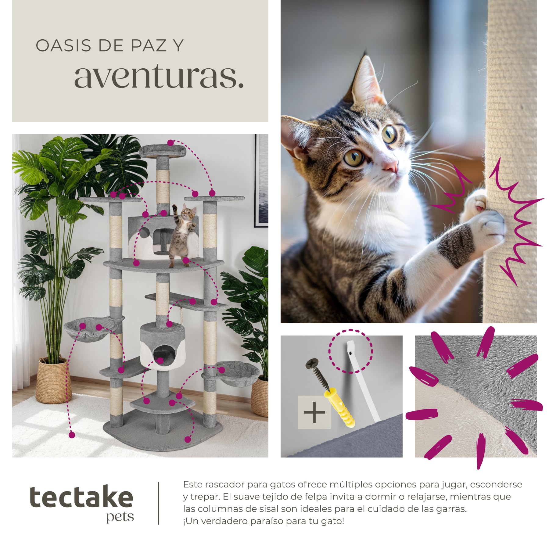 tectake® Rascador Árbol para Gatos 4 Plataformas, 2 Casetas, Varias Alturas, 2 Nidos Basculantes, Rascador para Gatos Grandes, Árbol Rascador para Gato, Casa para Gato - 201 cm Gris/Blanco